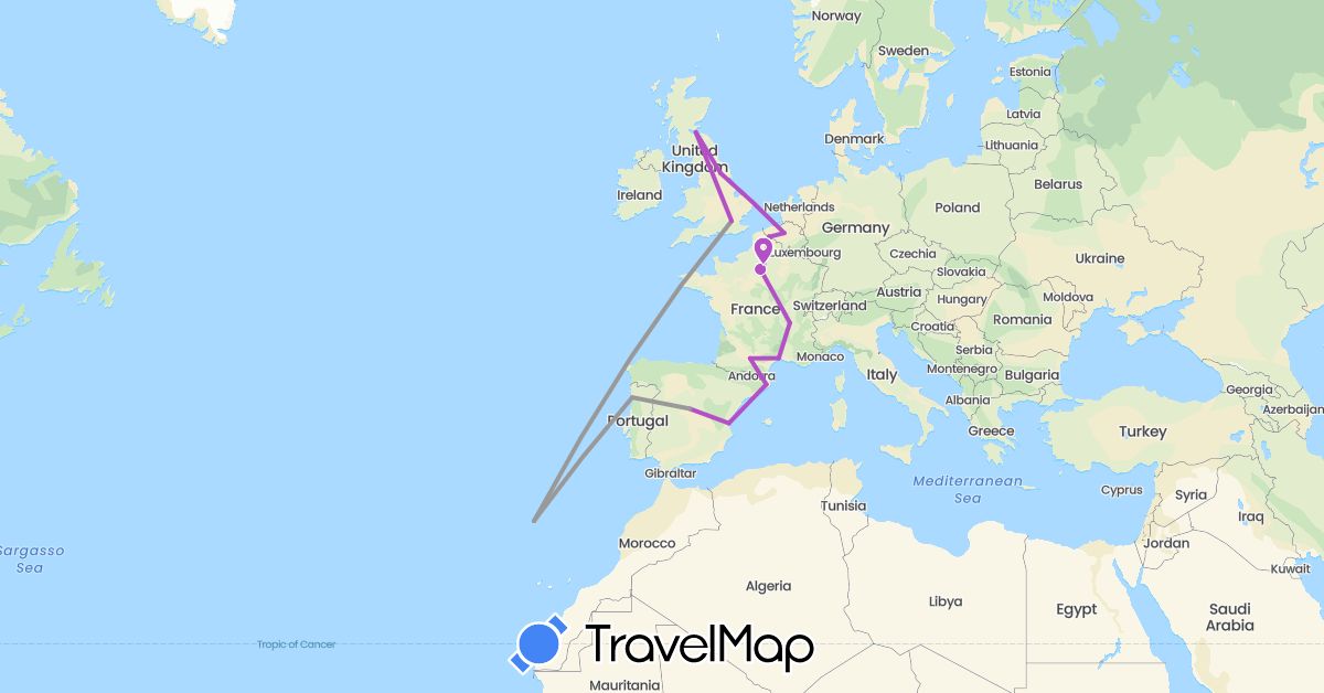 TravelMap itinerary: driving, plane, train in Belgium, Spain, France, United Kingdom, Portugal (Europe)
