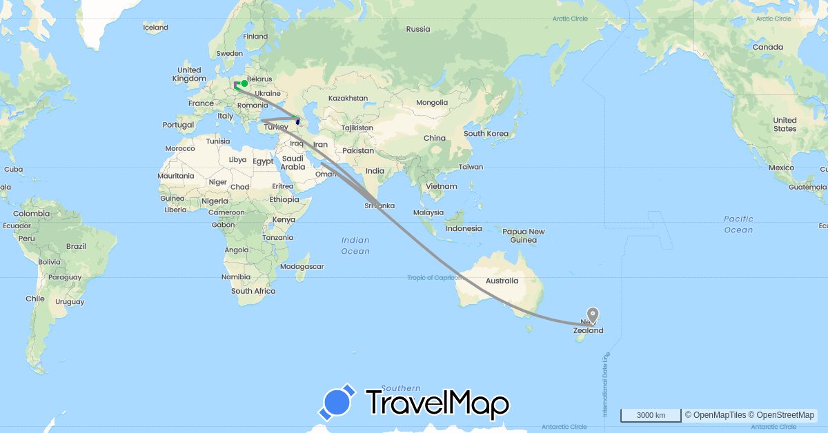 TravelMap itinerary: driving, bus, plane, train in United Arab Emirates, Armenia, Georgia, Sri Lanka, New Zealand, Poland, Turkey (Asia, Europe, Oceania)